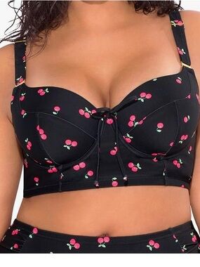 Smart & Sexy Black TOP BIKINI Cherry Print Longline Bra 34 DDD